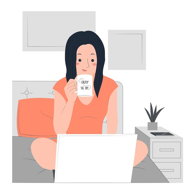 vector woman working from home with a cup of tea illustration