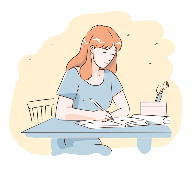 ベクトル 良いアイデアを考えながらテーブルに書くベクター女性