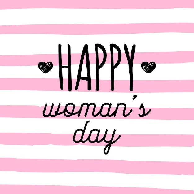 Vector Womans day handwritten lettering card. Vintage curly calligraphy Happy 8 of March on stripe pink background.