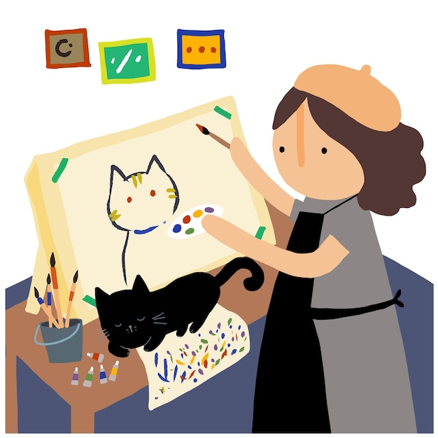 家の中で猫と絵を描くベクトルの女性