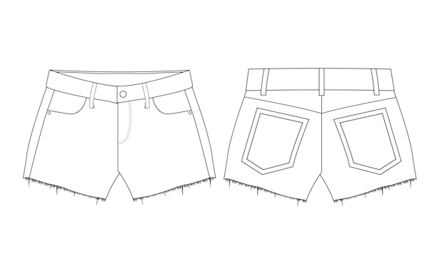 Vector women's shorts pant line drawings with frayed fabric textures below