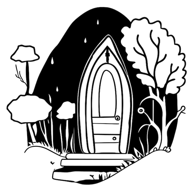 a vector of a wooded house open door by the wind in black and white line art vector illustration