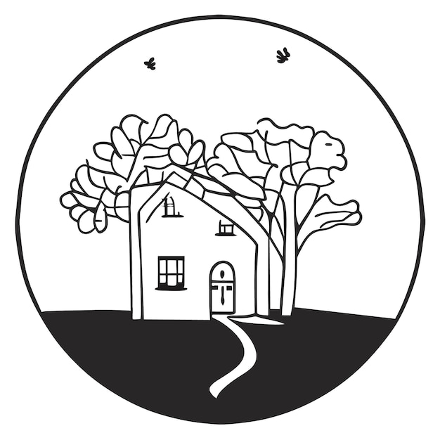 A vector of a wooded house open door and drawing of a house with a tree in the front
