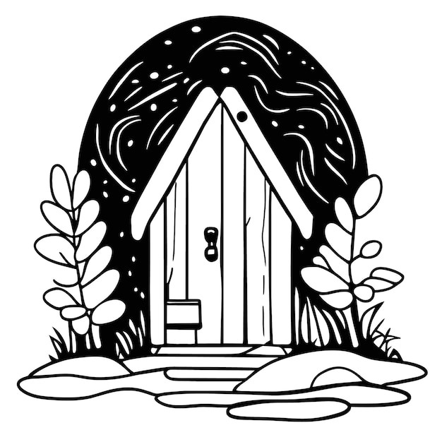 A vector of a wooded house open door and drawing of a house with a tree in the front