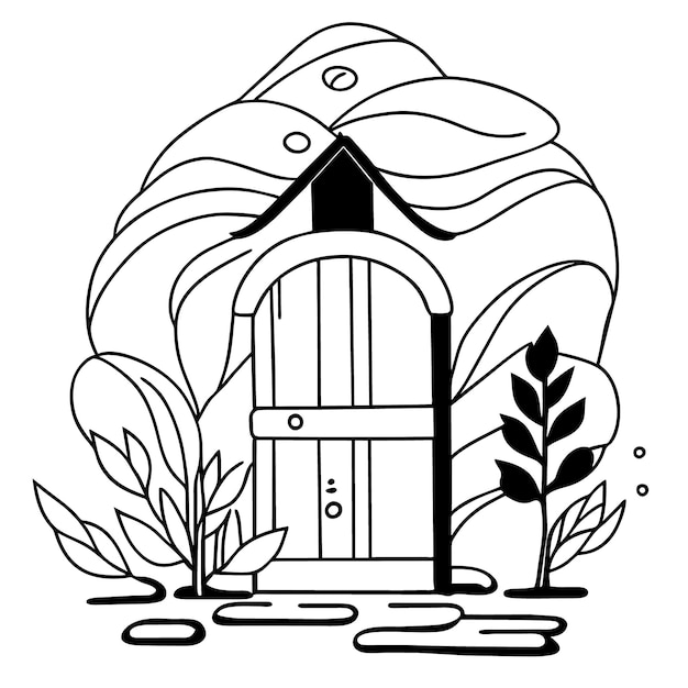 A vector of a wooded house open door and drawing of a house with a tree in the front