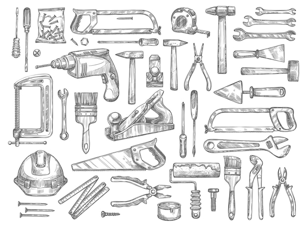 Vector vector work tools sketch icons for house repair