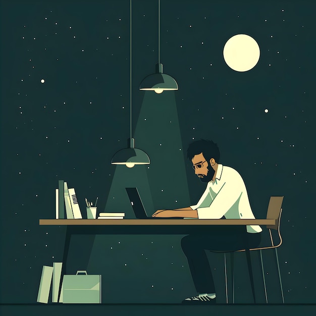 Vector vector of workaholic men in office until late night