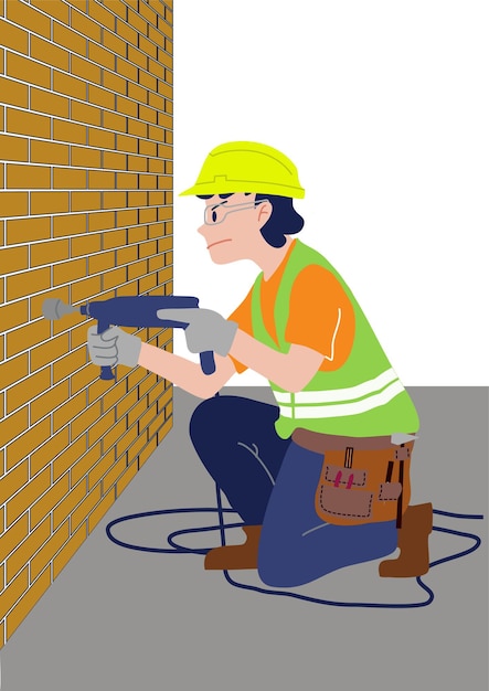 Vector vector worker in safety helmet with electric drill assemble wall or repairing and building house