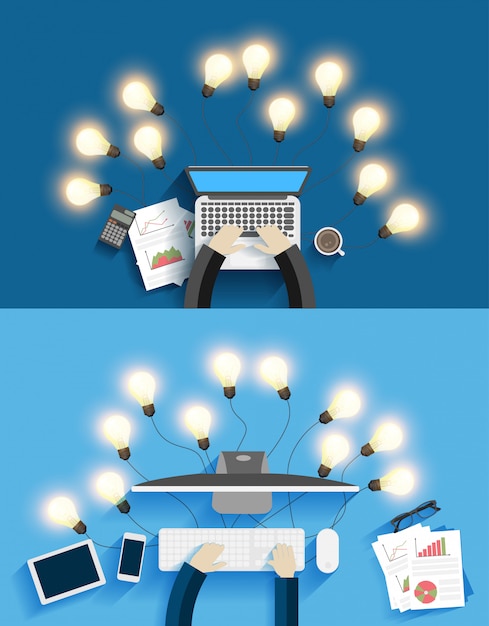 Vector working on computer with creative light bulb ideas