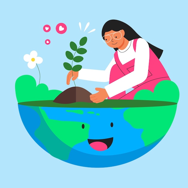 Vector vector world environment day concept flat illustration with woman planting trees take care for earth