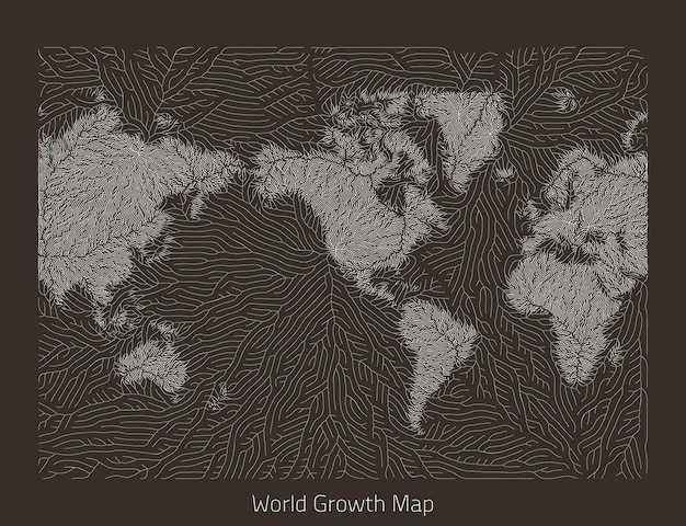 Vector vector world map generative growth structure in form of continents organic texture with geographic silhouettes americas centered