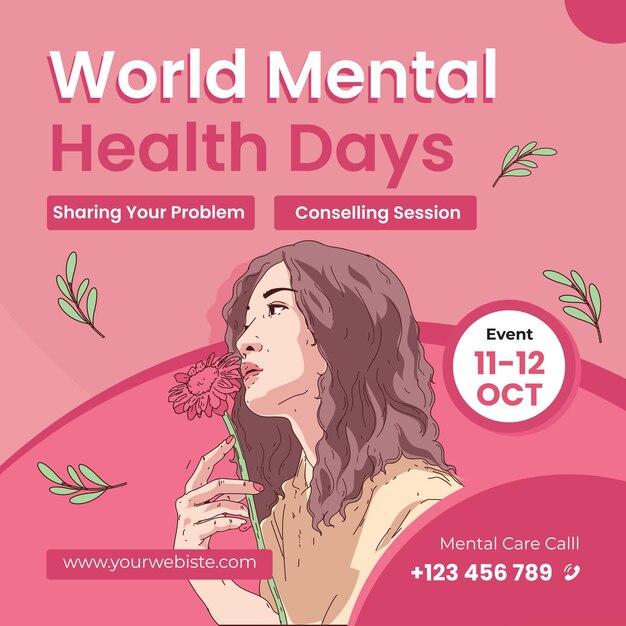 Vettore vector world mental health day: illustrazione vettoriale del 10 ottobre con il problema sano e il cuore in b