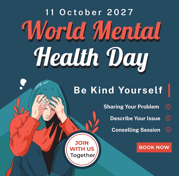 Vettore vector world mental health day: illustrazione vettoriale del 10 ottobre con il problema sano e il cuore in b