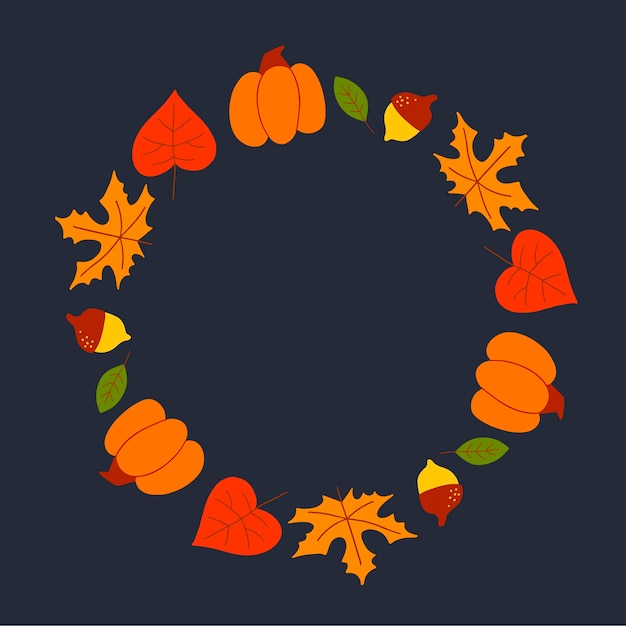 Vector wreath of autumn leaves and fruit in watercolor style. Beautiful round wreath of yellow and red leaves, acorns, berries, cones and branches. Decor for invitations, greeting cards, posters.