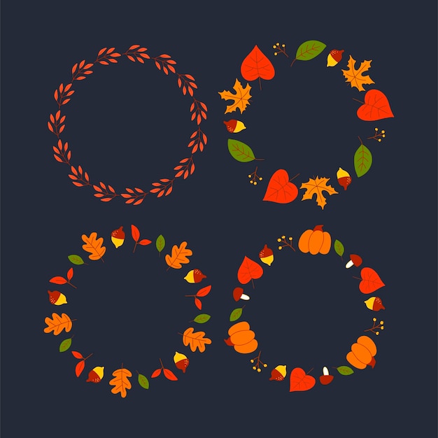 Vector wreath of autumn leaves and fruit in watercolor style. Beautiful round wreath of yellow and red leaves, acorns, berries, cones and branches. Decor for invitations, greeting cards, posters.