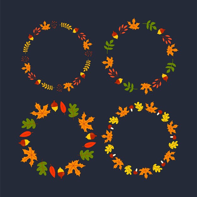 Vector wreath of autumn leaves and fruit in watercolor style. Beautiful round wreath of yellow and red leaves, acorns, berries, cones and branches. Decor for invitations, greeting cards, posters.