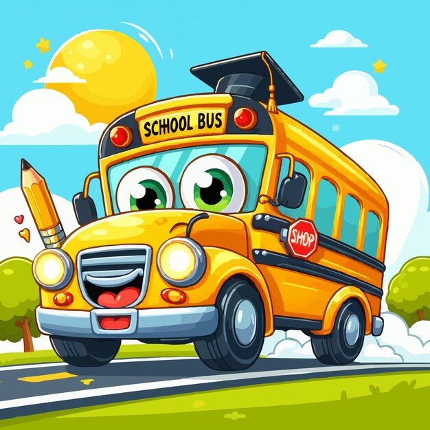 Vector vector yellow school bus flat color vector icon logo illustration