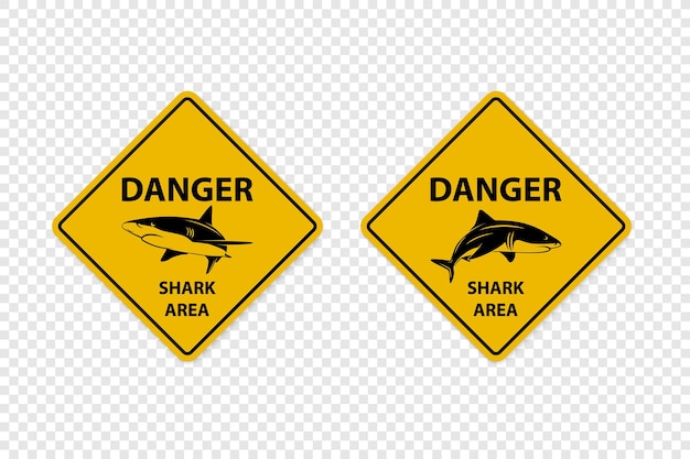 Vector Yellow Shark Sighting Sign Set Isolated Shark Attack Warning Danger for Surfing and Swimming Shark Zone Area Caution