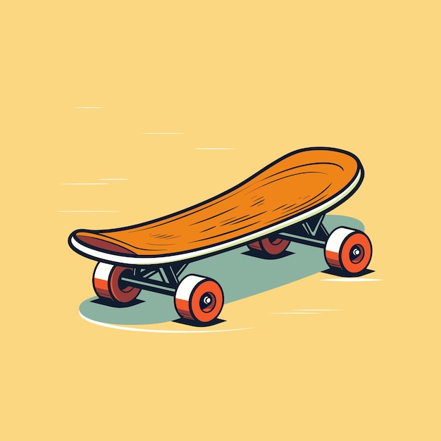Vettore vettore di uno skateboard giallo con ruote su uno sfondo vibrante