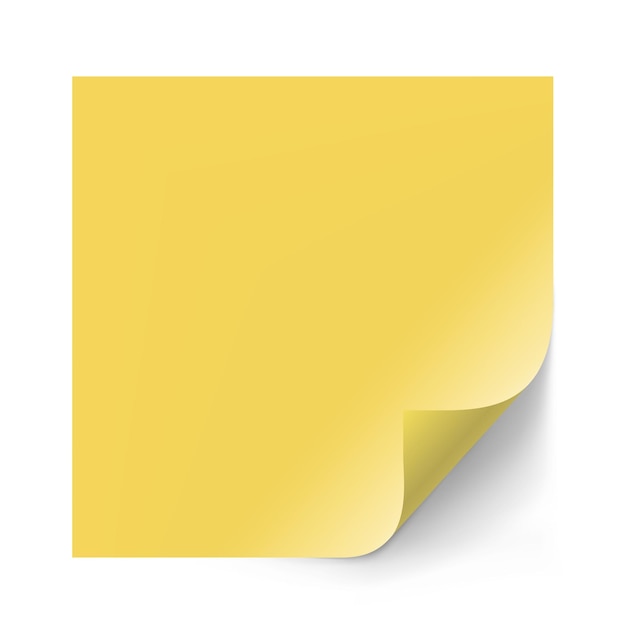메모 및 공지를 위한 벡터 노란색 스티커 용지 참고 컬이 있는 스티커 페이지 흰색 배경에 그림자가 분리된 빈 페이지
