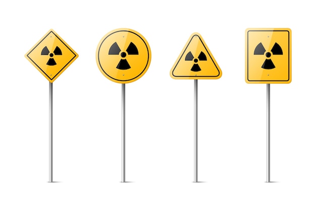 Set di icone di avvertimento giallo vettoriale per il pericolo di radiazioni stazione nucleare isolata simbolo di avviso radioattivo circolo rombo triangolo rettangolo collezione di modelli di design di segni pericolosi