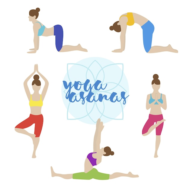 Vector yoga illustratie Yoga set Yoga asana's Meisje doet yoga oefeningen