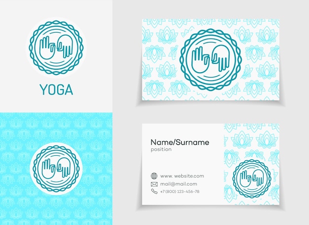 Vector yoga logo template set with business card pattern for fitness center sport emblem meditation class Healthcare lifestyle logotype design elements 10 eps