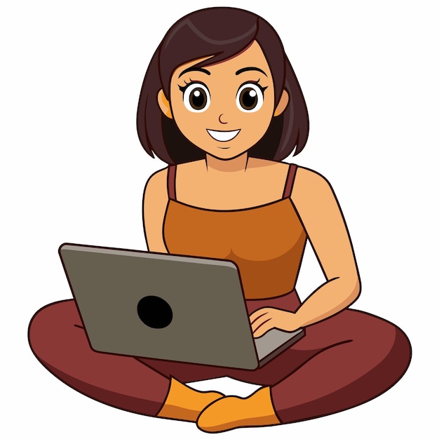 Vector young attractive woman works at a laptop sitting on the floor