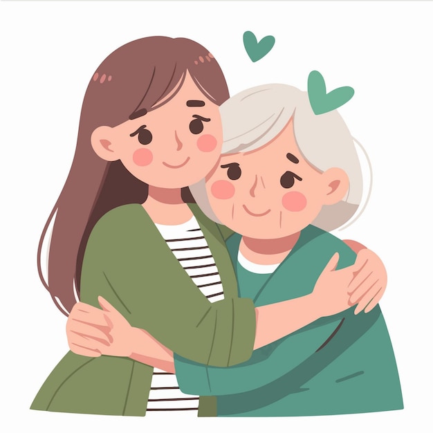 Vector young daughter and old mom cartoon illustration
