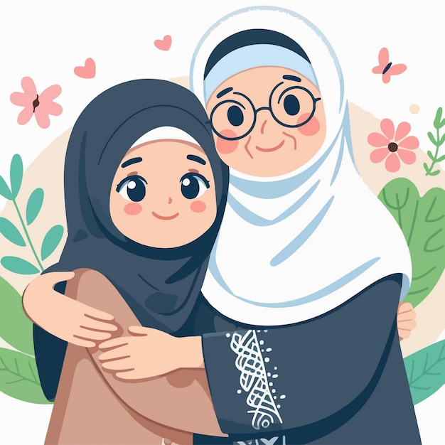 Vector young daughter and old mom cartoon illustration