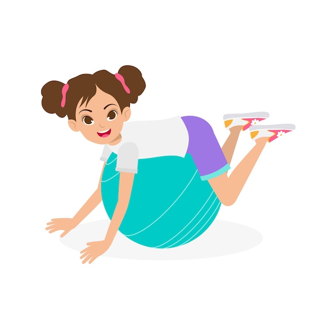 Vector young girl doing exercise using fitness ball