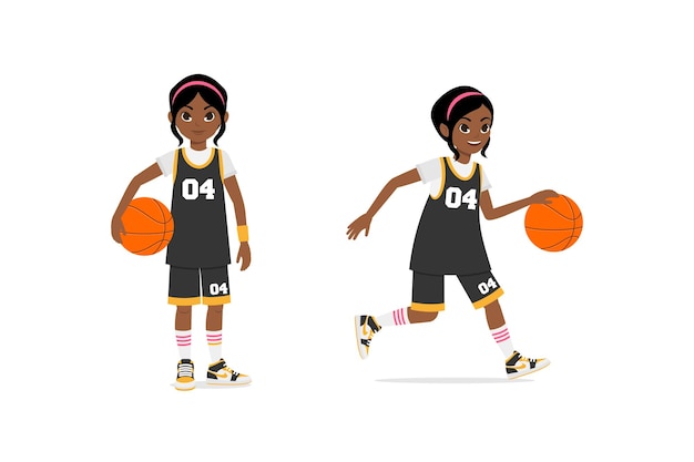 Vector young girl playing basketball set