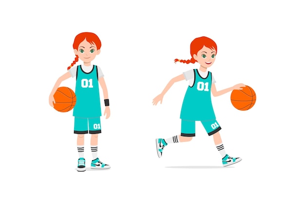 Vector young girl playing basketball in sport clothes and dunks