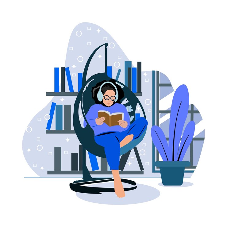 Vector vector young girl relaxing at home reading and listening concept illustration