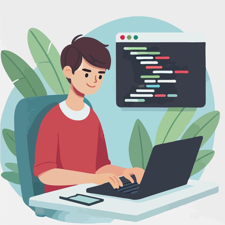 Vector vector of a young man coding with a laptop