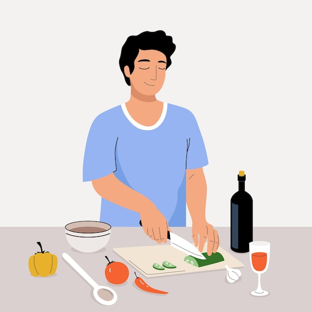 Вектор молодой человек готовит на кухне. мультяшный мальчик, режущий овощи для салата в домашних условиях. каракули характер иллюстрации