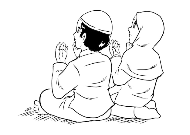 Вектор молодых мусульман в черно-белой раскраске
