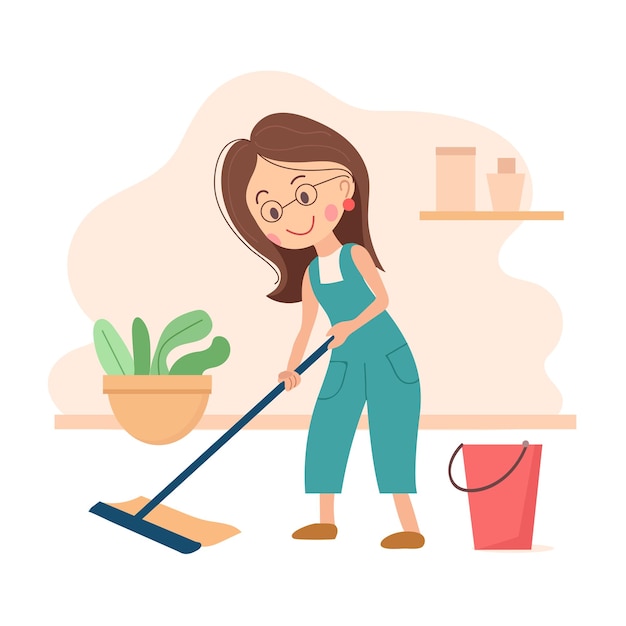 Vector young woman housewife cleaning the floor with a mop and a bucket of water daily routine vector illustration