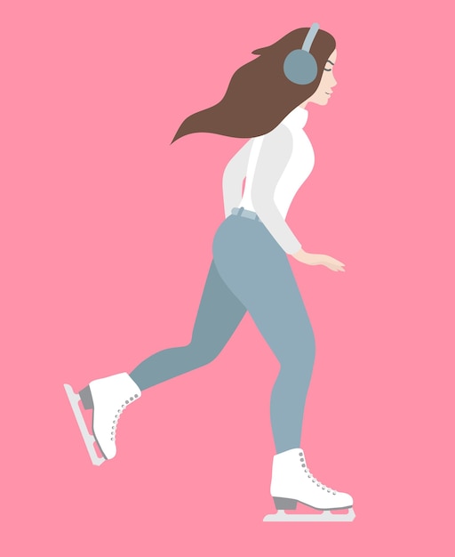 Vector young woman riding ice skates in flat style