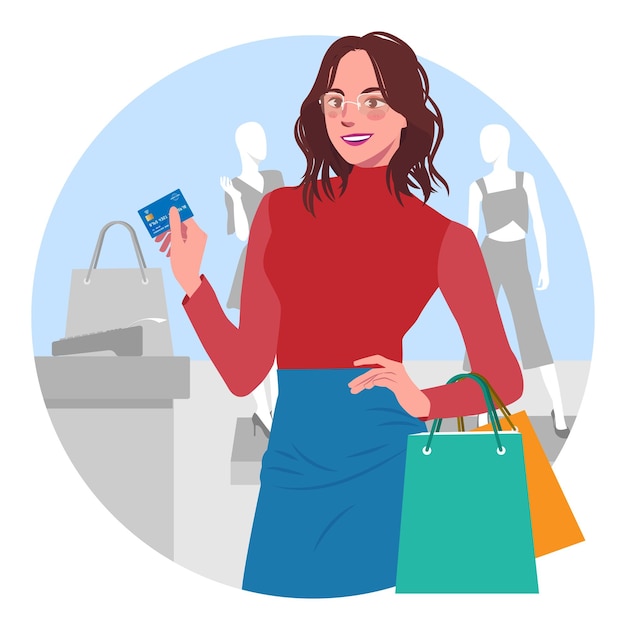 Vector of a young woman shows a credit card for shopping payment