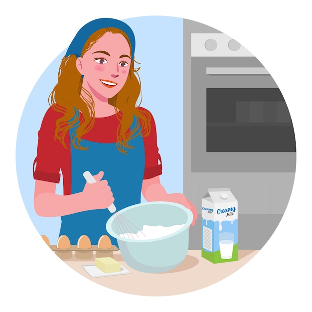 Vector of a young woman wears an apron preparing the dough for baking a cake in the kitchen