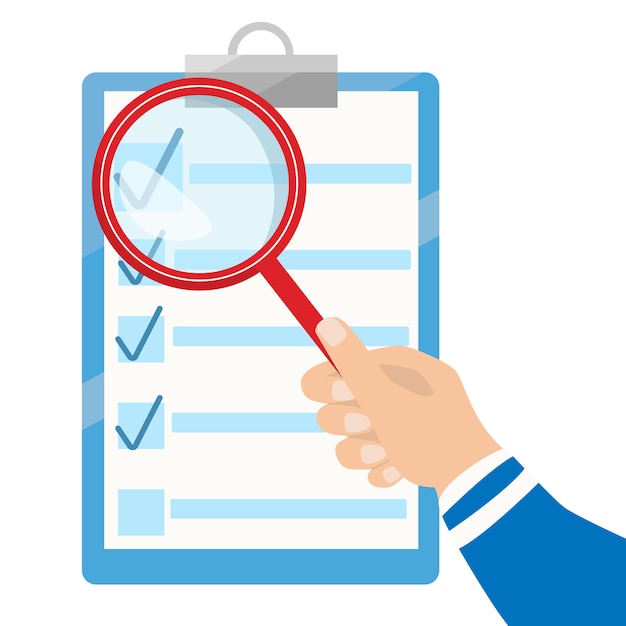 Vector zakelijk contract en vergrootglas. Checklist platte pictogram. Document analyseren