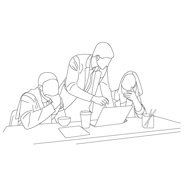 Vector zakelijke bijeenkomst discussie tussen werknemers in café ronde tafel cartoon lijntekeningen