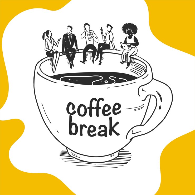 Vector vector zakelijke illustratie van office mensen bedrijf zittend op grote koffiekopje praten, eten, bespreken, werken geïsoleerd op een witte achtergrond. hand getrokken schets stijl. koffiepauze, pauzeconcept.