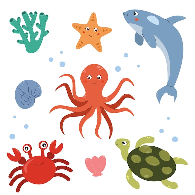 Vector zeedieren Vector doodle cartoon set van zeeleven objecten voor uw ontwerp