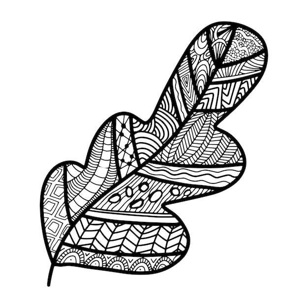 Vector zen tangle and doodle oak leaf Nature coloring book Black and white zentangle Doodle handdrawn illustration