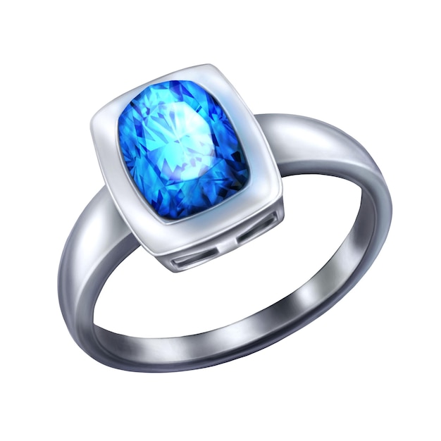 Vector zilveren ring met diamant. Trouwring met grote blauwe steen