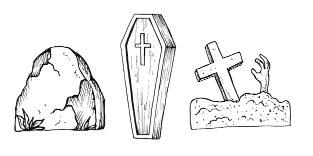 Vector vector zombie arms sticking out of the ground gravestone in a cemetery hand painted linear wooden