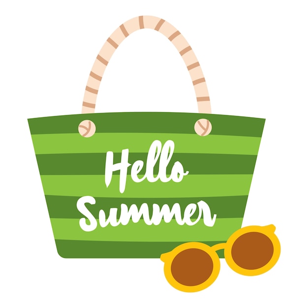 Vector zomer belettering Hello Summer en strandtas met zonnebril Vector zomer illustratie op plat ontwerp Banner ontwerp met Hello Summer tekst Label ontwerp voor strandvakantie