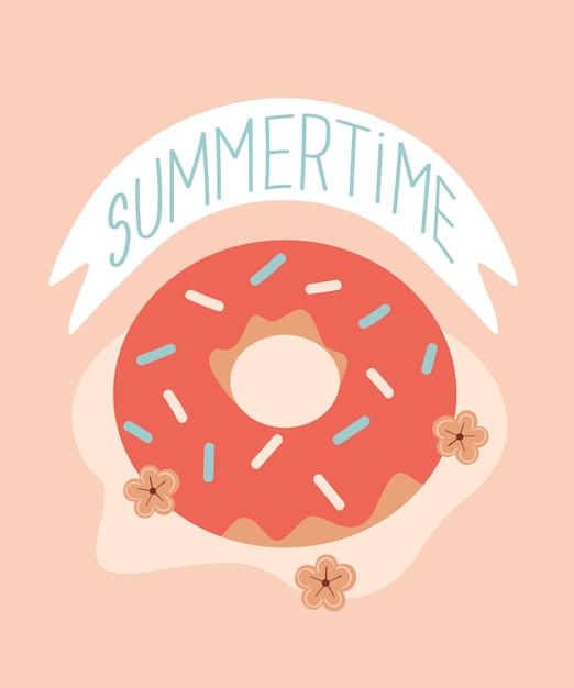 Vector zomer cartoon illustratie met donut bloemen en belettering